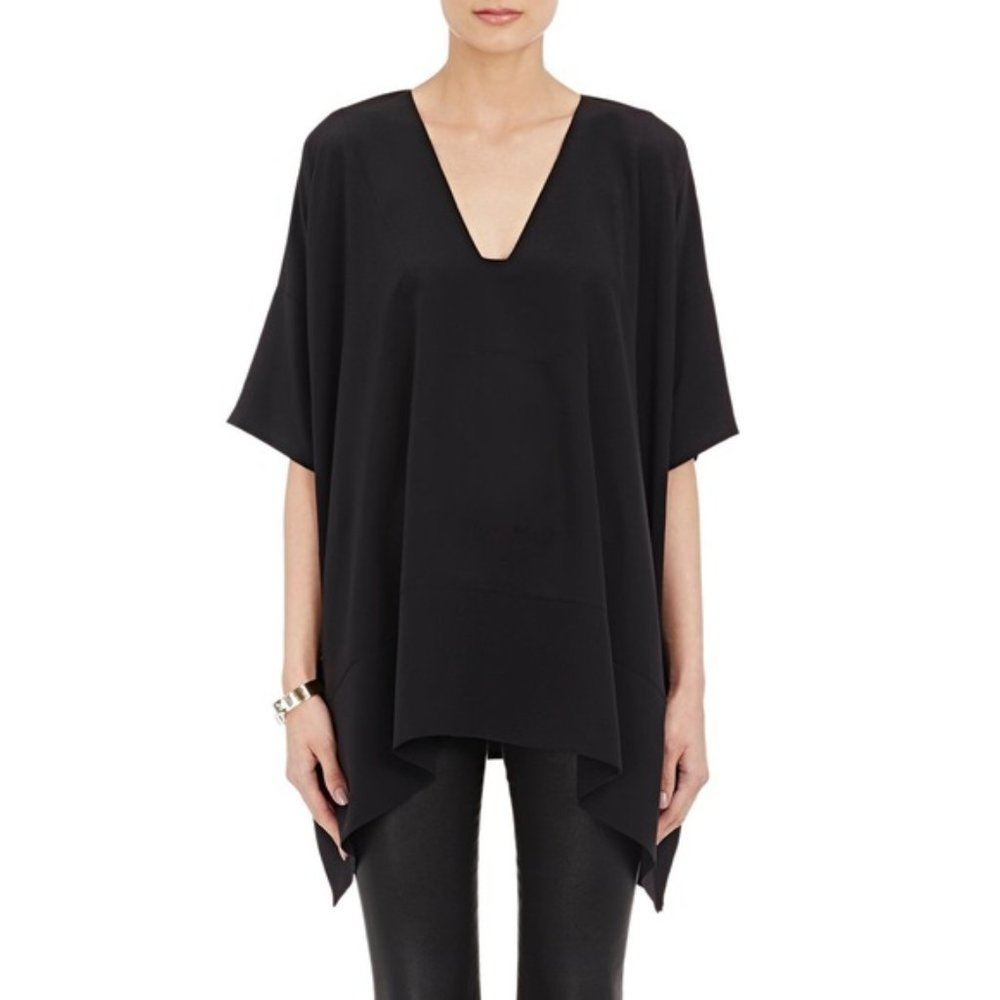 Black 100% Silk Poncho Blouse Top Shirt M/L V Neck